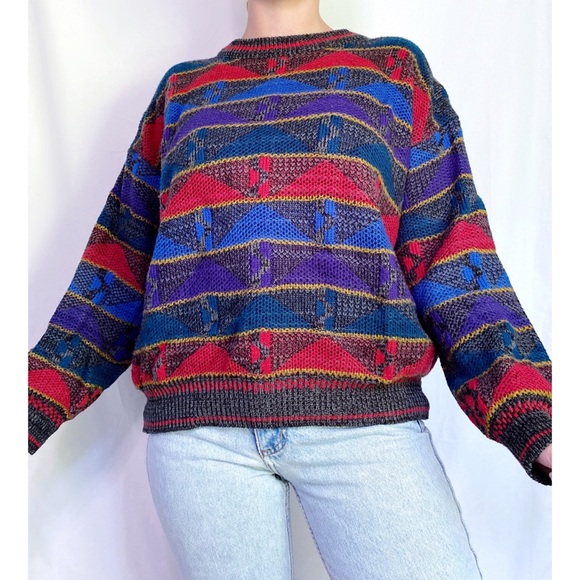 Vintage Sweaters - SOLD • Vintage Retro Eclectic Geometric Woven Textured Knit Pullover Sweater